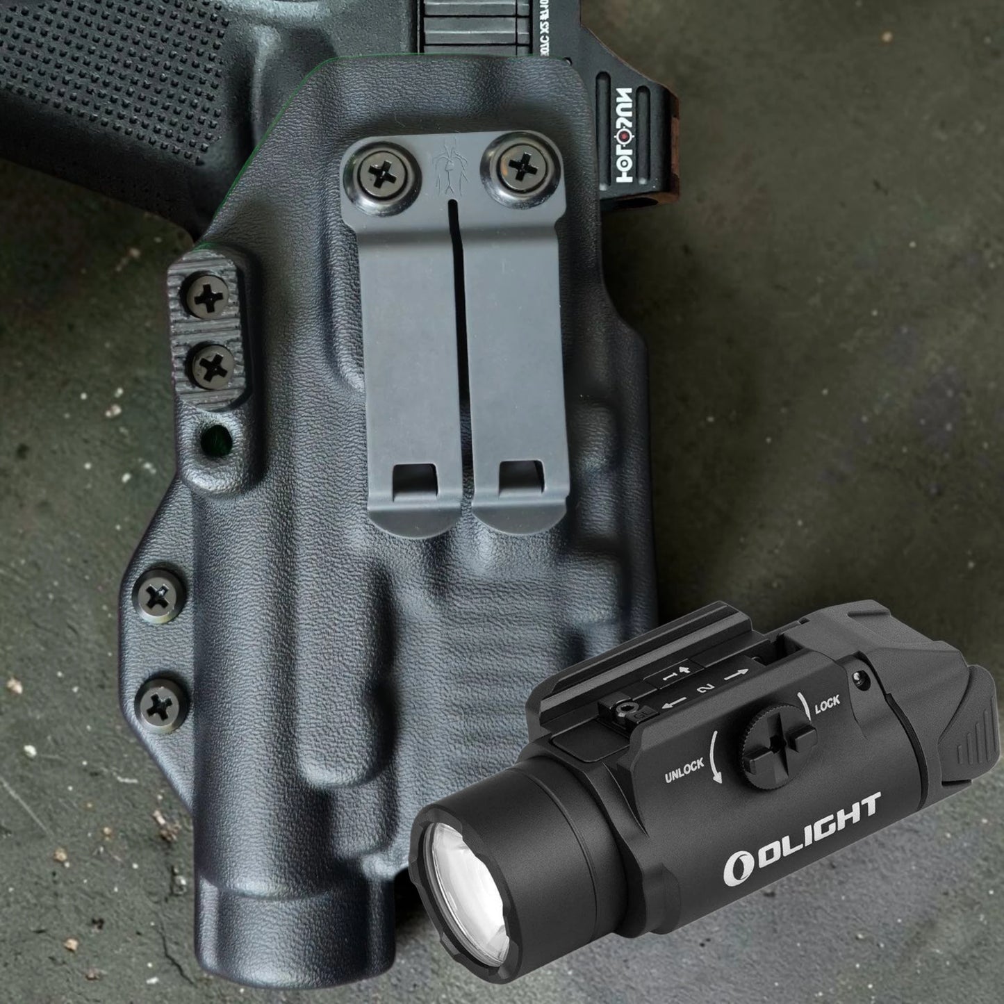 StealthKydex Próta OLight PL 3 Valkyrie holsters,PL 3 Valkyrie holster, PL3R holster, kydex holsters, best kydex holsters, comfortable kydex holsters, holster with wedge, holster with camming bar, holster with DCC Monoblock