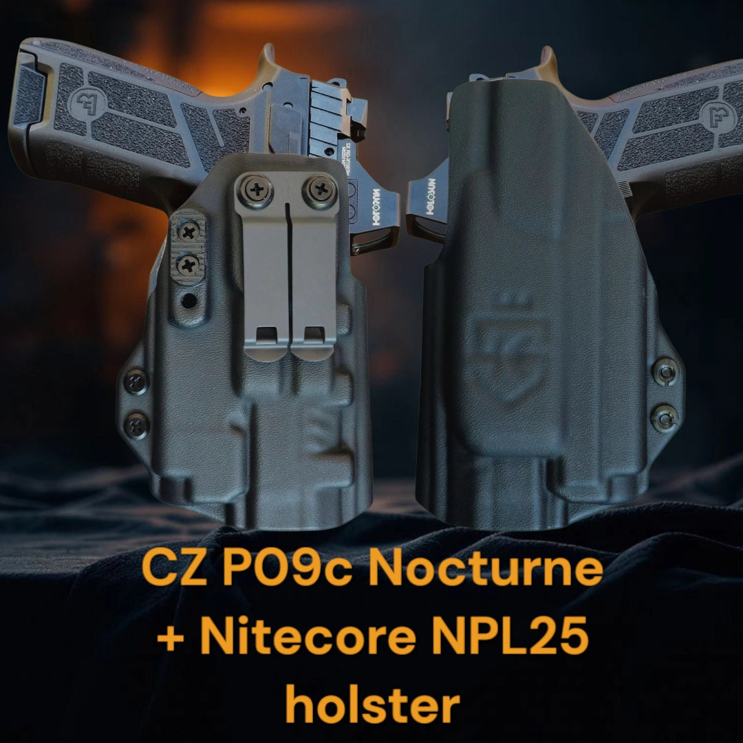 StealthKydex Próta CZ P09c with Nitecore NPL25GL kydex holster, kydex holsters, best kydex holsters, comfortable kydex holsters, holster with wedge, holster with camming bar, holster with DCC Monoblock 