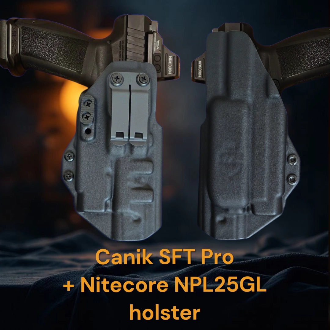 StealthKydex Próta Canik SFT Pro with Nitecore NPL25GL kydex holster, kydex holsters, best kydex holsters, comfortable kydex holsters, holster with wedge, holster with camming bar, holster with DCC Monoblock 