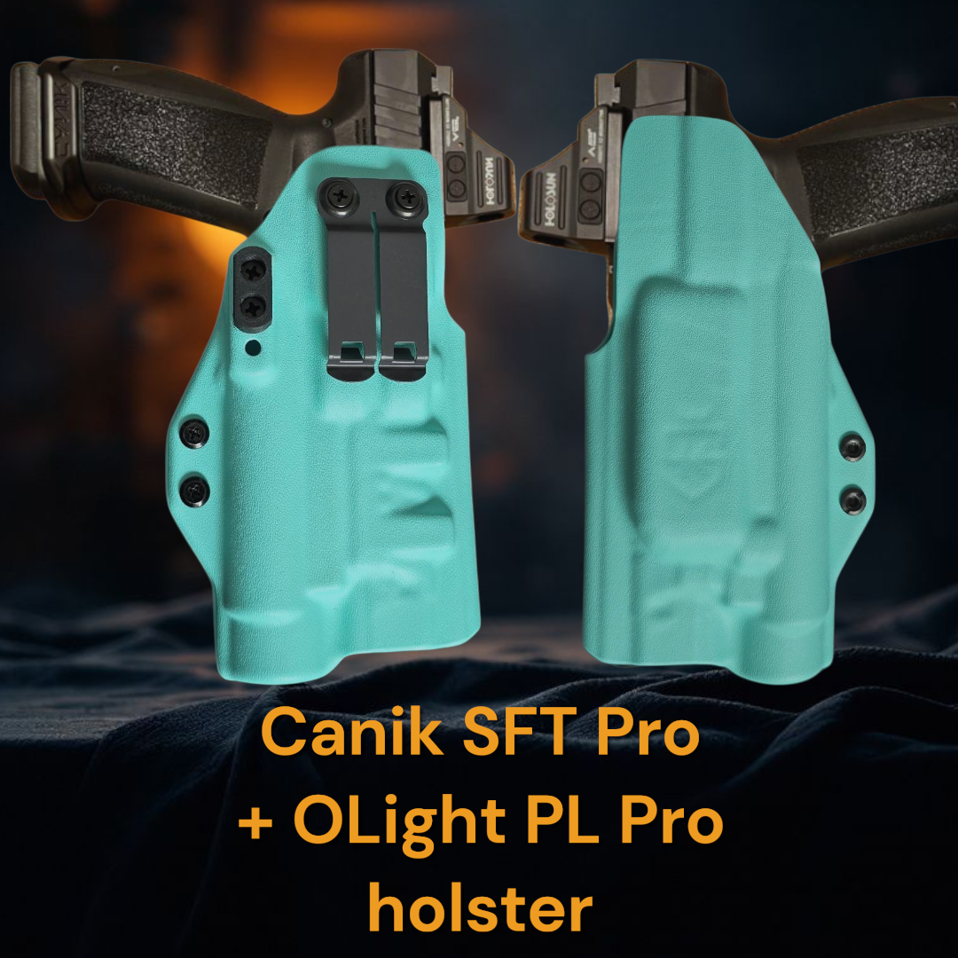 StealthKydex Próta Canik SFT Pro with OLight PL Pro holster, kydex holsters, best kydex holsters, comfortable kydex holsters, holster with wedge, holster with camming bar, holster with DCC Monoblock 