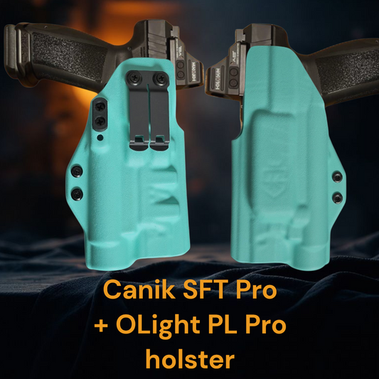 StealthKydex Próta Canik SFT Pro with OLight PL Pro holster, kydex holsters, best kydex holsters, comfortable kydex holsters, holster with wedge, holster with camming bar, holster with DCC Monoblock 