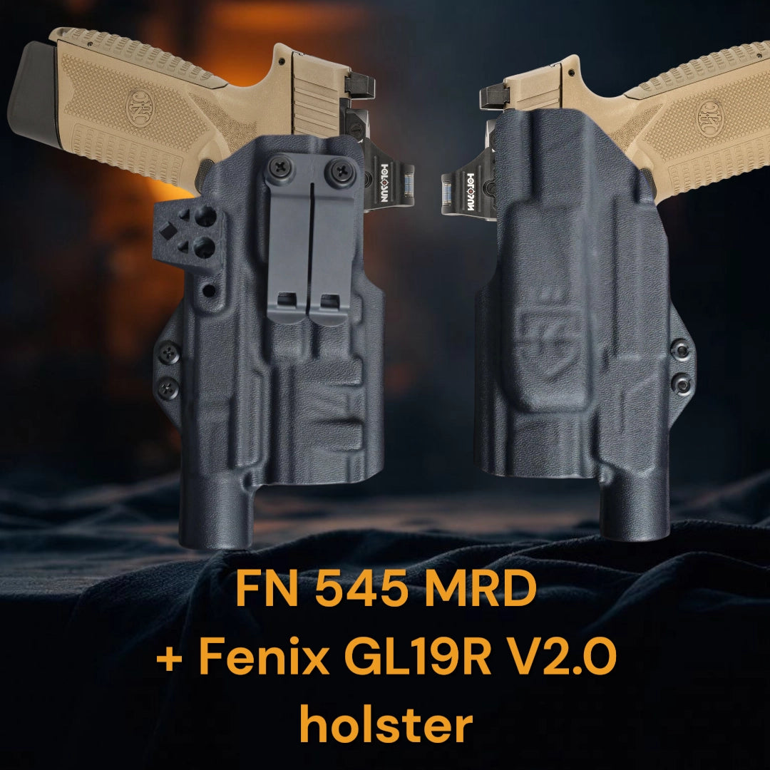 StealthKydex Próta FN 545 MRD with Fenix GL19R V2 kydex holster, kydex holsters, best kydex holsters, comfortable kydex holsters, holster with wedge, holster with camming bar, holster with DCC Monoblock 