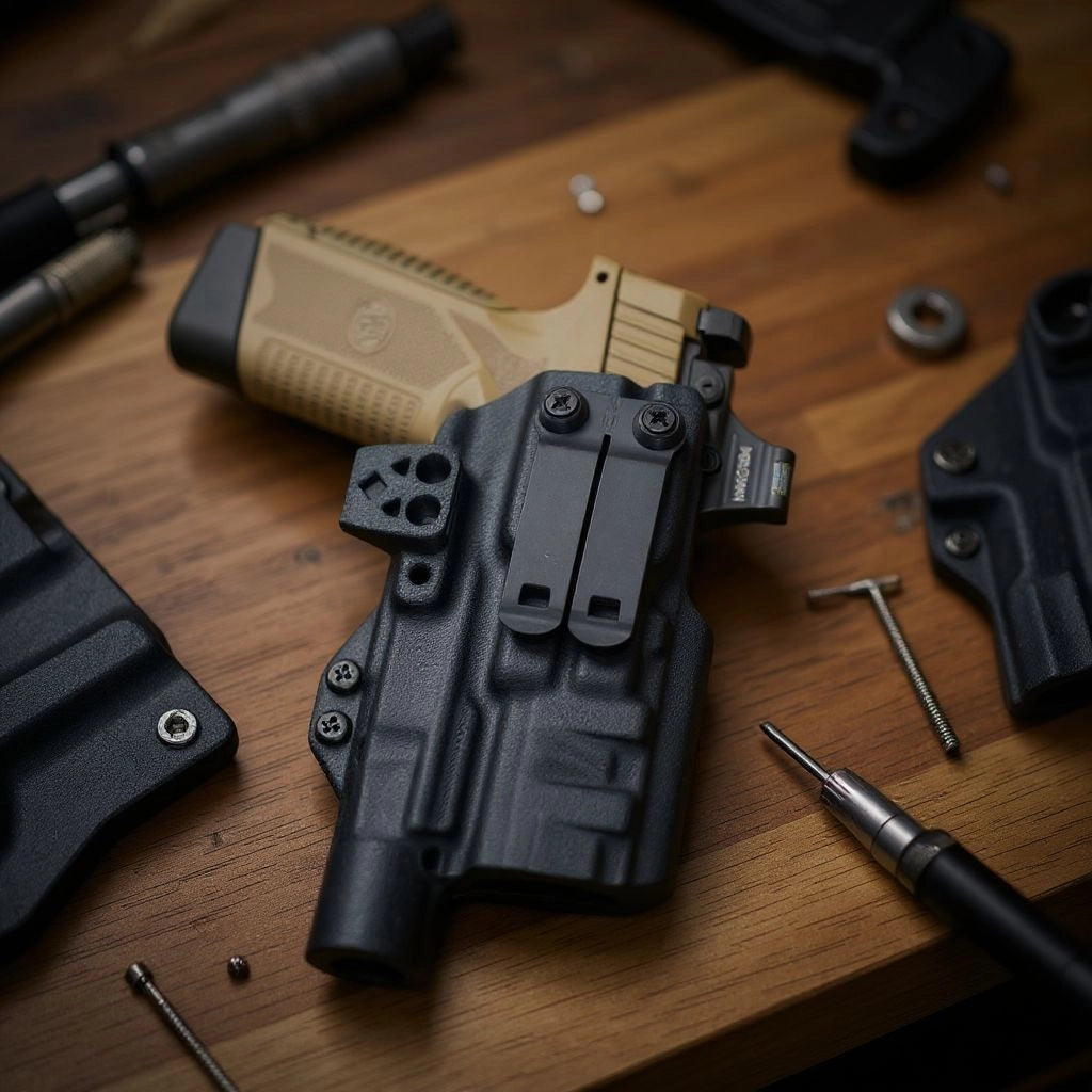 StealthKydex Próta FN 545 MRD with Fenix GL19R V2 kydex holster, kydex holsters, best kydex holsters, comfortable kydex holsters, holster with wedge, holster with camming bar, holster with DCC Monoblock 