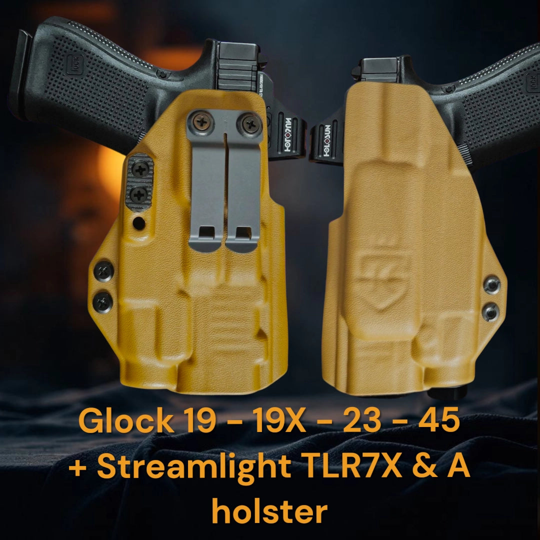 Glock 19, Glock 23, Glock 45 with Streamlight TLR7 StealthKydex Próta kydex holster, Streamlight TLR7 kydex holster, TLR7 kydex holster, best EDC TLR7  kydex holster, best kydex holster for TLR7X 