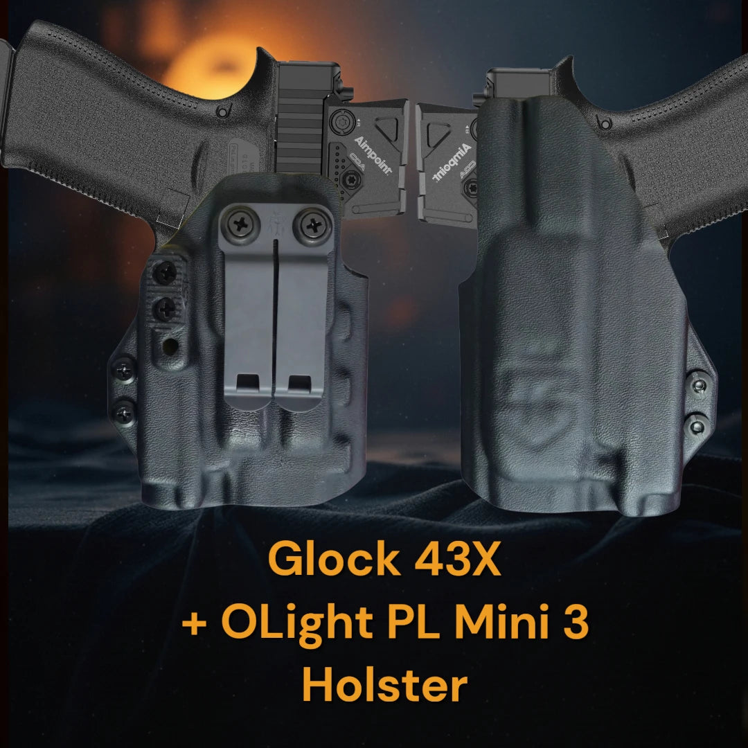 Glock 43X with OLight PL Mini 3 kydex holster, StealthKydex Próta OLight PL Mini 3 holster, Kydex holster with OLight PL Mini 3 StealthKydex Próta kydex holster, OLight PL Mini 3 kydex holster, OLight PL Mini 3 kydex holster, best EDC OLight PL Mini 3 kydex holster, best kydex holster for OLight PL Mini 3